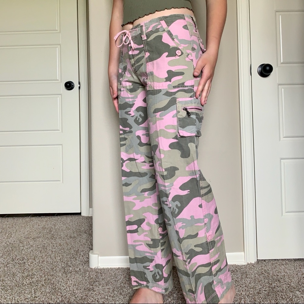 Y2K Pink and Green Camo Cargo Pants